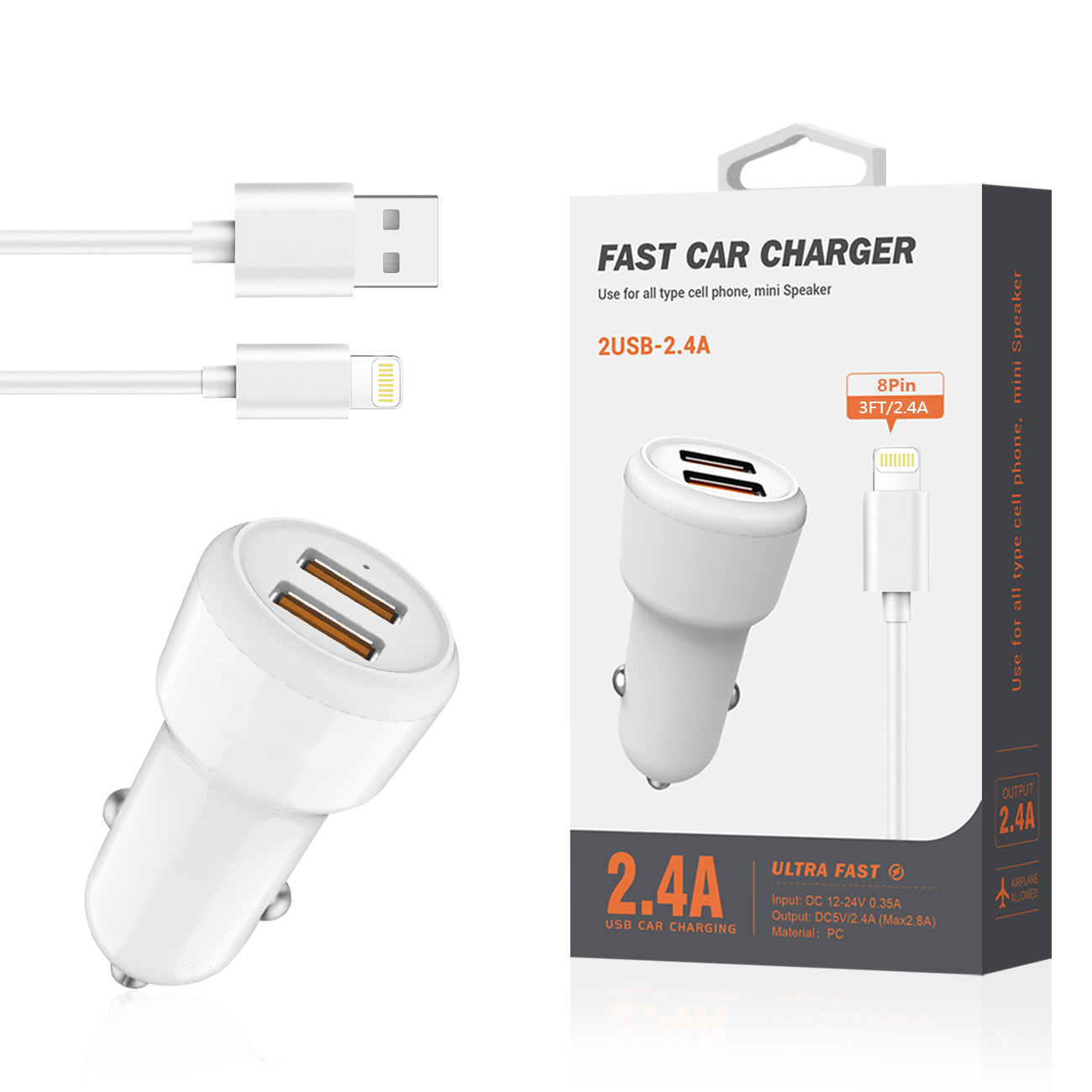 Reiko 8 PIN Portable Car Charger With Built In 3 Ft Cable In White SKU:CC2IN1-8PWH